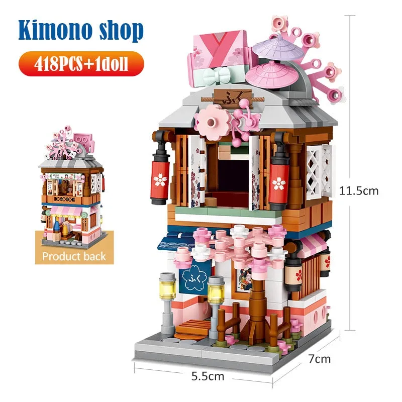 Mini City Street View Noodle Shop House Building Blocks 4 in 1 Japanese Architecture Friends Figures Bricks Toys For Children