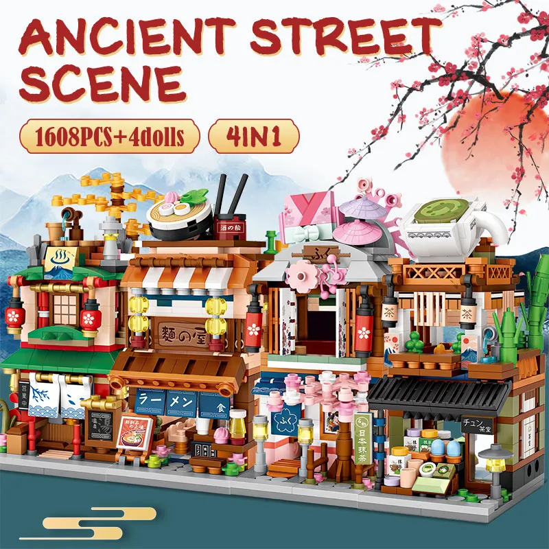 Mini City Street View Noodle Shop House Building Blocks 4 in 1 Japanese Architecture Friends Figures Bricks Toys For Children