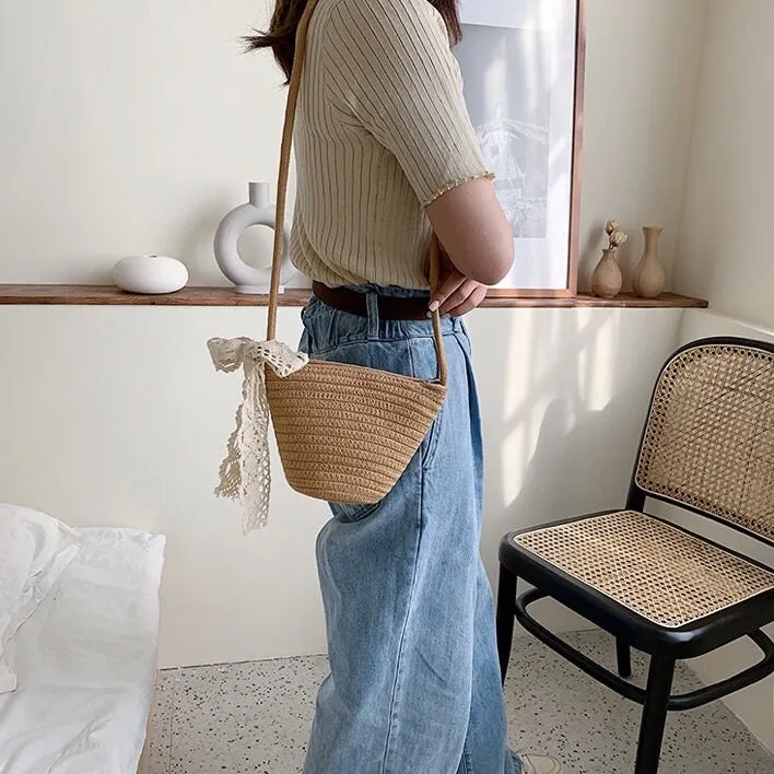 Minimalist Straw Bag, Crossbody Straw Bag, Small Tote Bag, Cute Market Canvas Bag for Women, Beach Summer Handwoven Travel Bag, Basket Bag