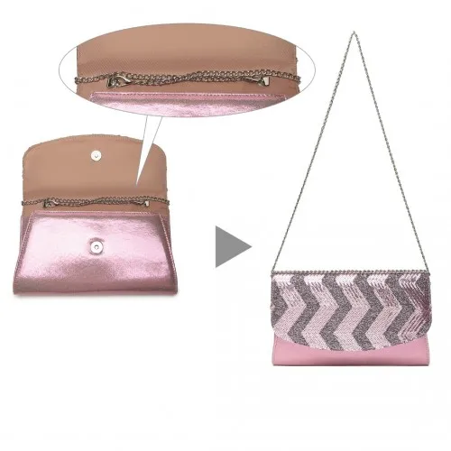 Miss Lulu Gorgeous Sequins Evening Clutch Bag - Pink | Detachable Chain Shoulder Bag | Elegant Party Accessory