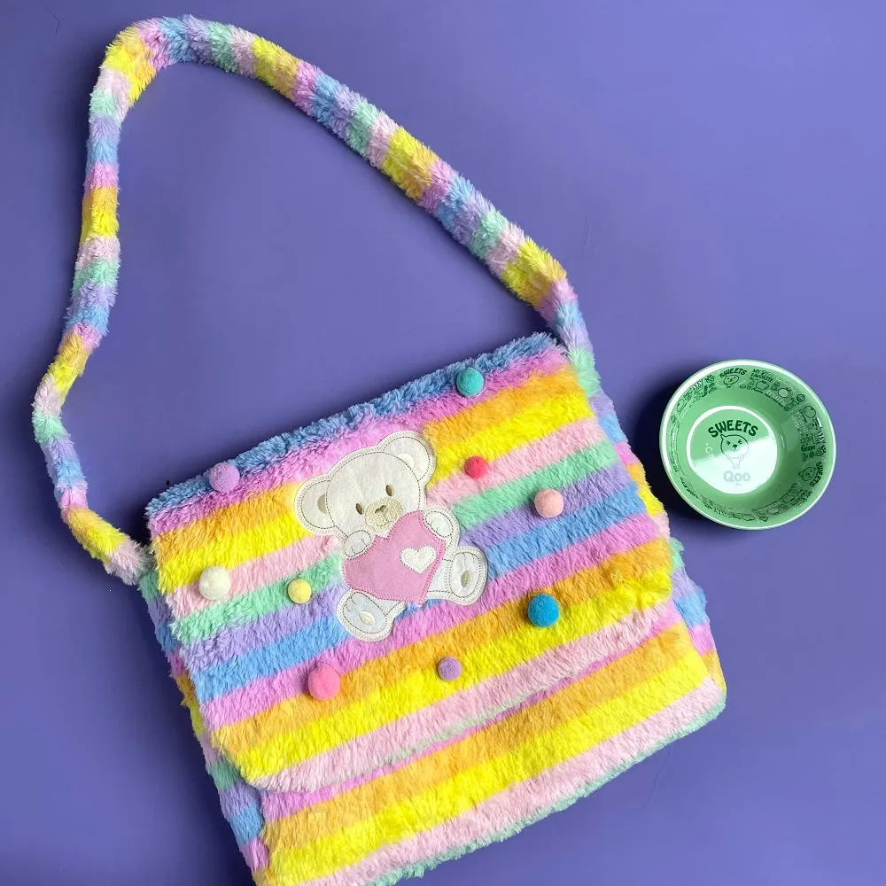 Mori Girl Vintage Retro Bear Rainbow Fluff Plush 3D Messenger Bag