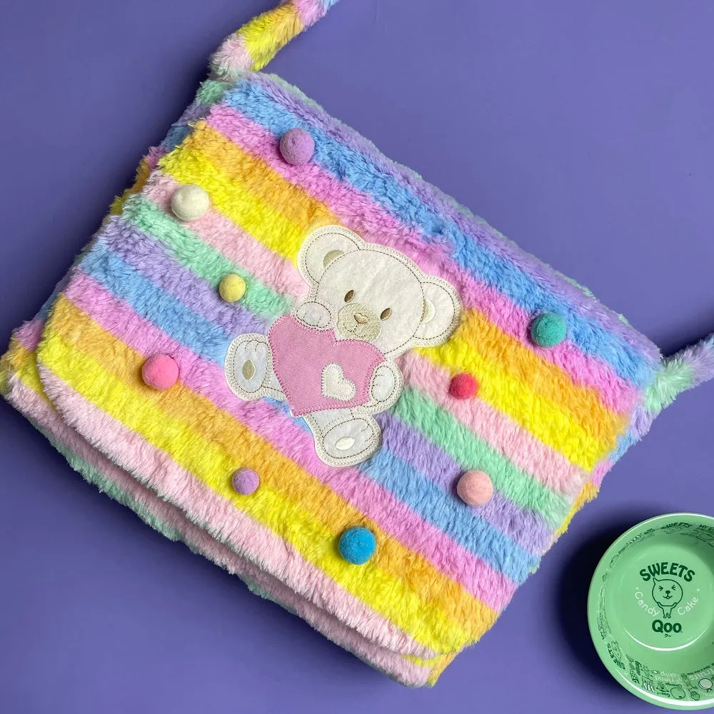 Mori Girl Vintage Retro Bear Rainbow Fluff Plush 3D Messenger Bag