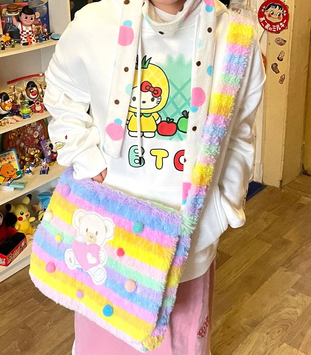 Mori Girl Vintage Retro Bear Rainbow Fluff Plush 3D Messenger Bag