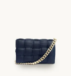 Navy Padded Woven Leather Crossbody Bag With Gold Chain Strap