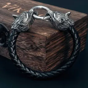 Odin's Wolves Leather Bracelet - Stainless Steel