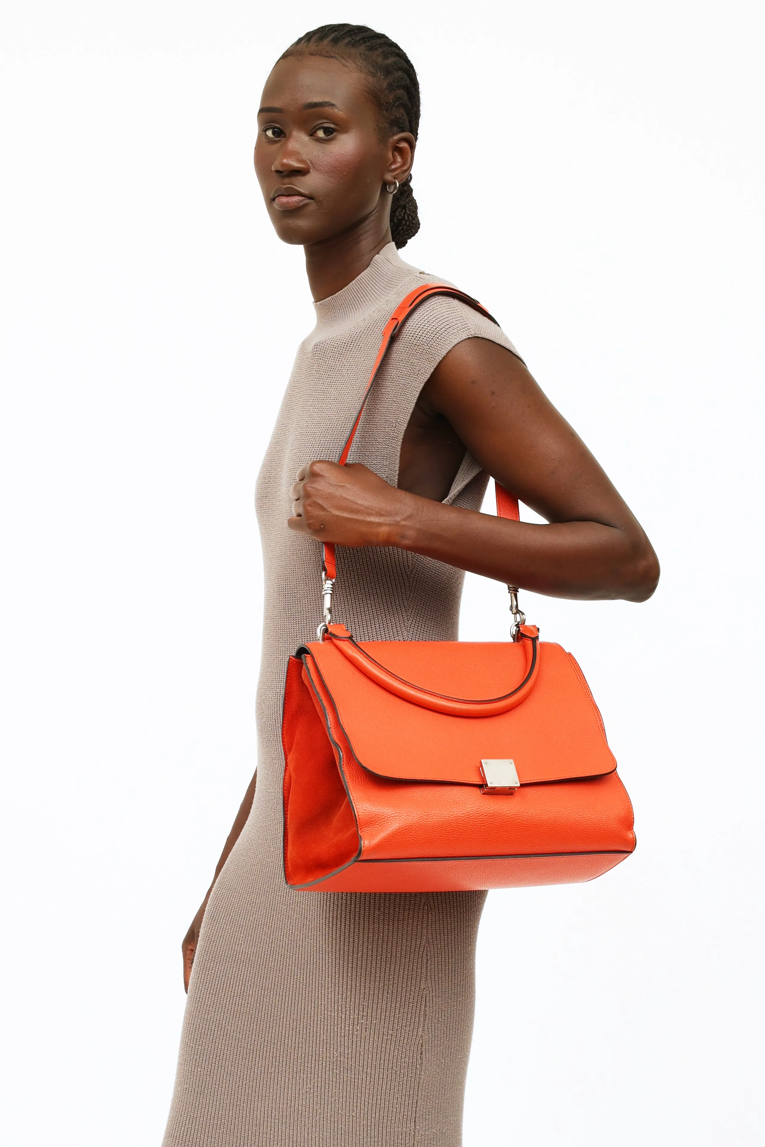 Orange Leather & Suede Medium Trapeze Bag