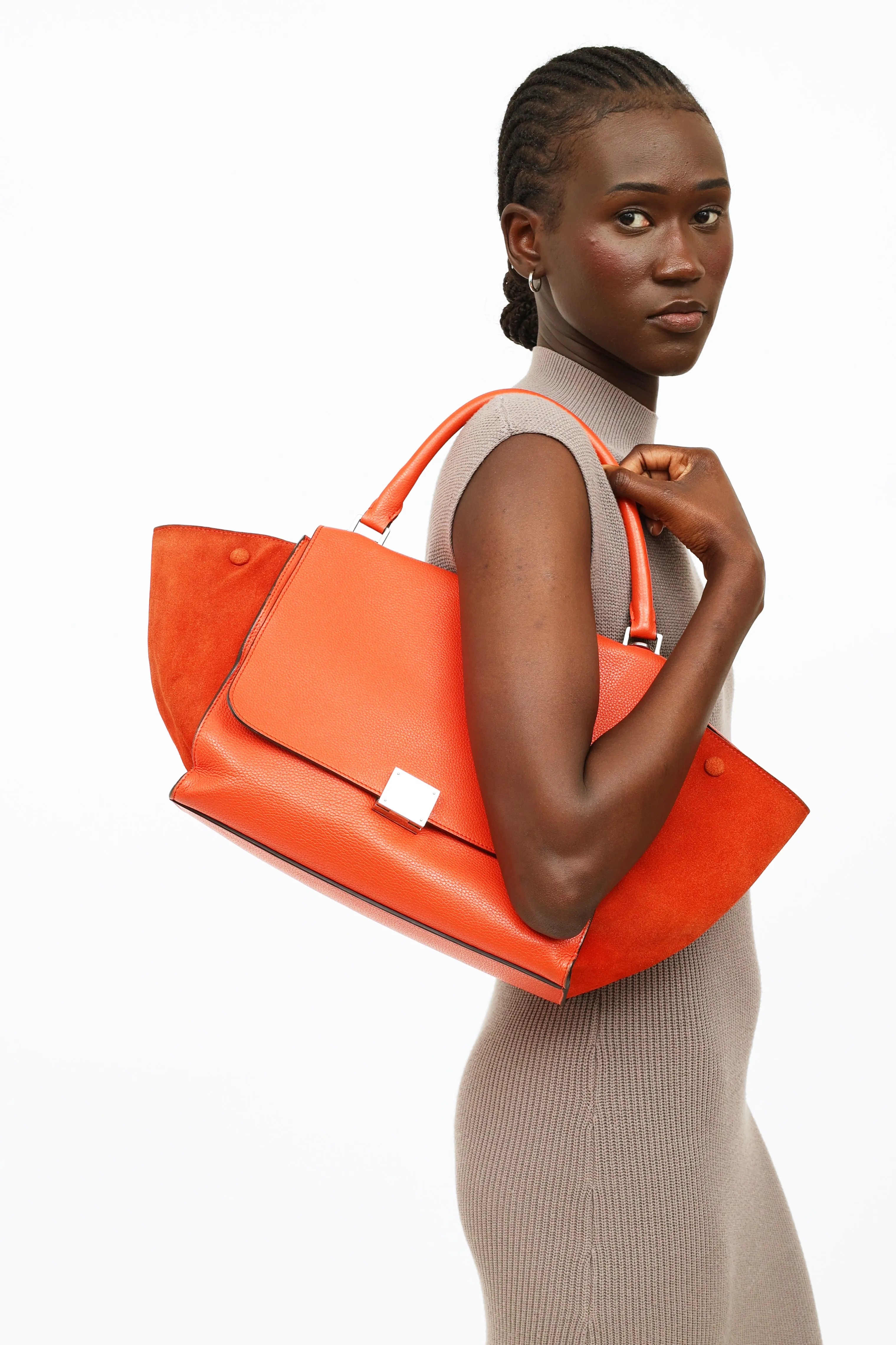 Orange Leather & Suede Medium Trapeze Bag