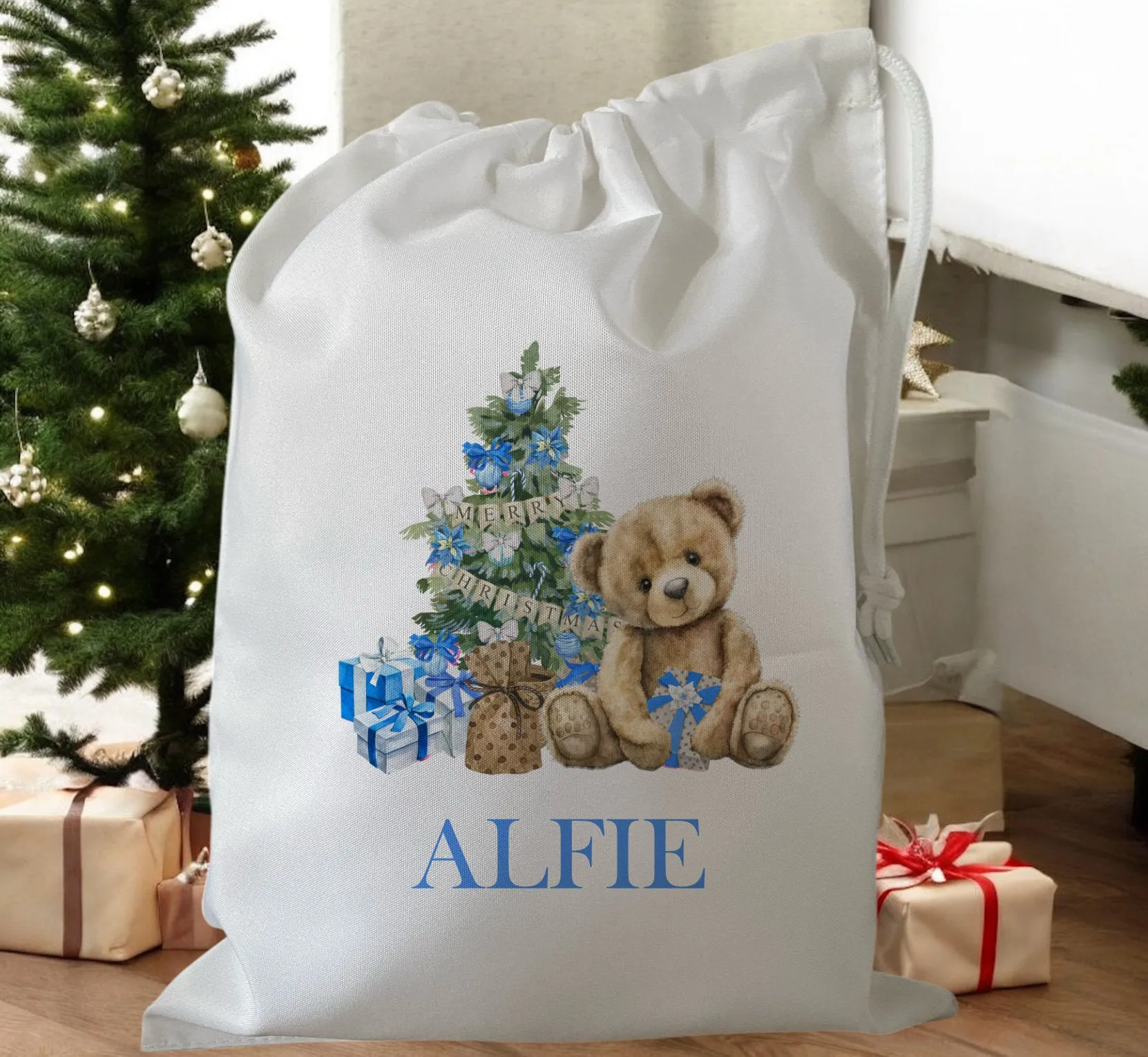 Peronalised Christmas Eve Treat Bag - Teddy Bear Blue, Pink, Red