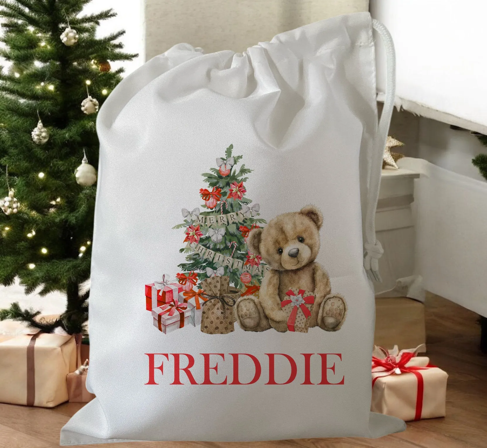 Peronalised Christmas Eve Treat Bag - Teddy Bear Blue, Pink, Red