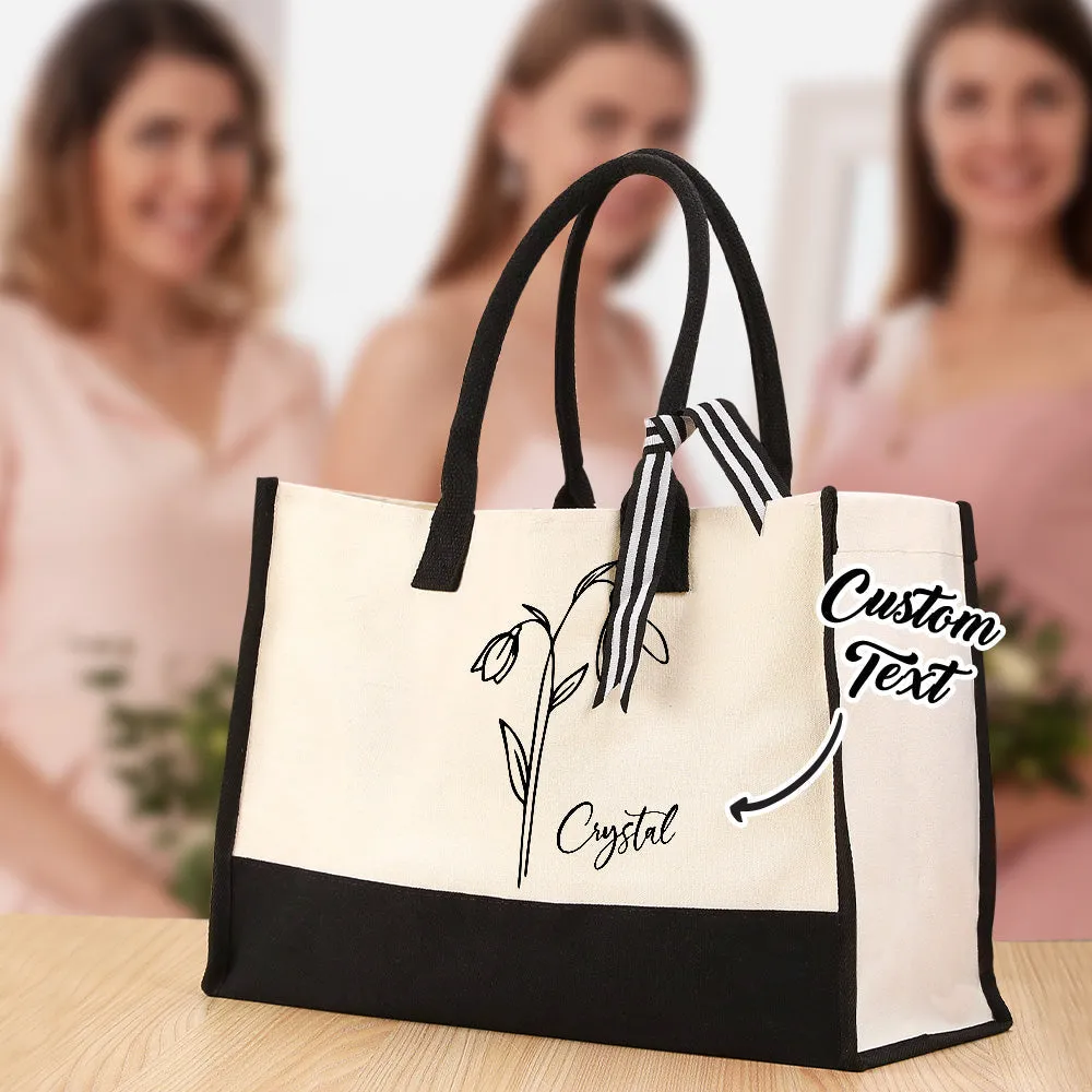 Personalized Birth Flower Canvas Tote Bag Large Capacity Beach Tote Bag Bridal Party Gift for Girls