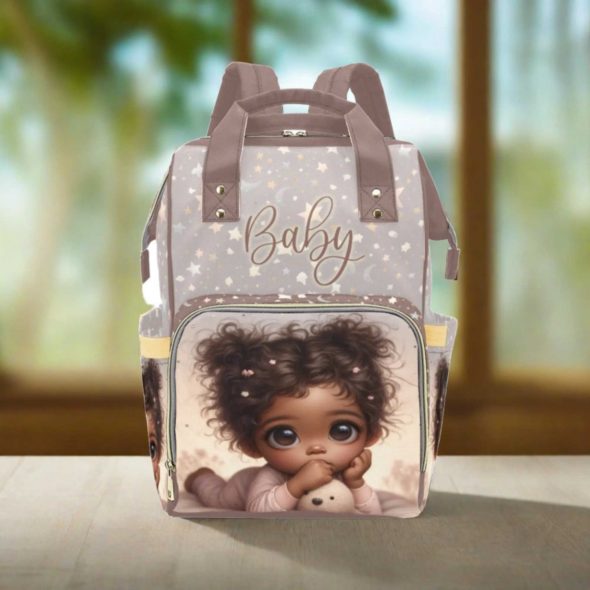 Personalized Diaper Bag With Black Baby Girl Pigtails, PJs, Moons and Stars Diaper Backpack Waterproof Backpack