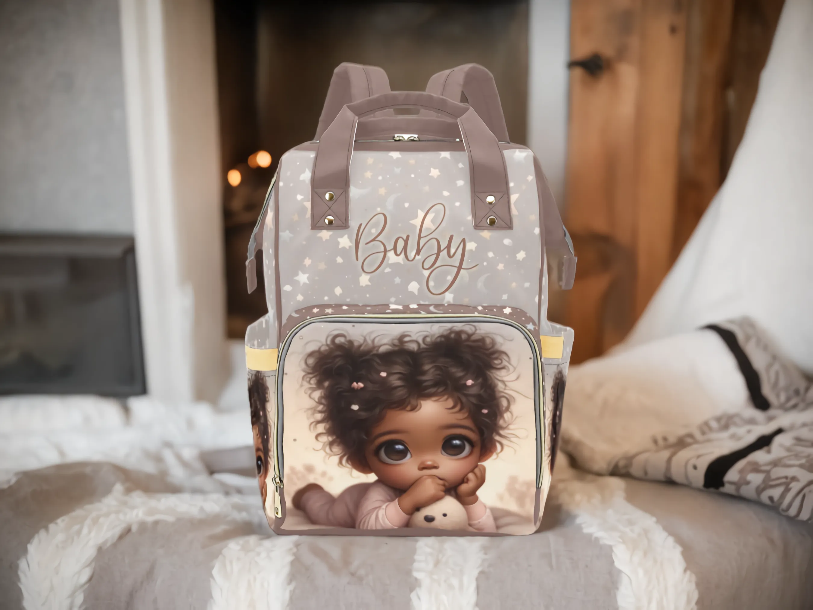 Personalized Diaper Bag With Black Baby Girl Pigtails, PJs, Moons and Stars Diaper Backpack Waterproof Backpack