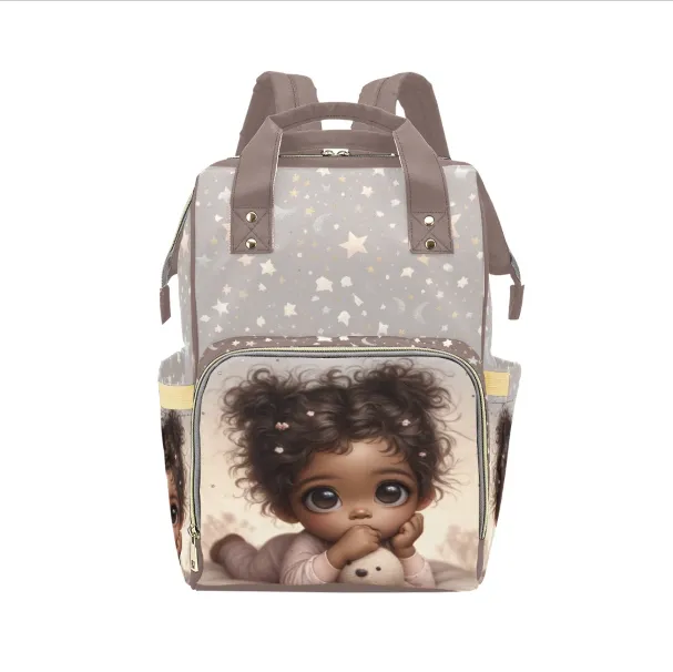 Personalized Diaper Bag With Black Baby Girl Pigtails, PJs, Moons and Stars Diaper Backpack Waterproof Backpack