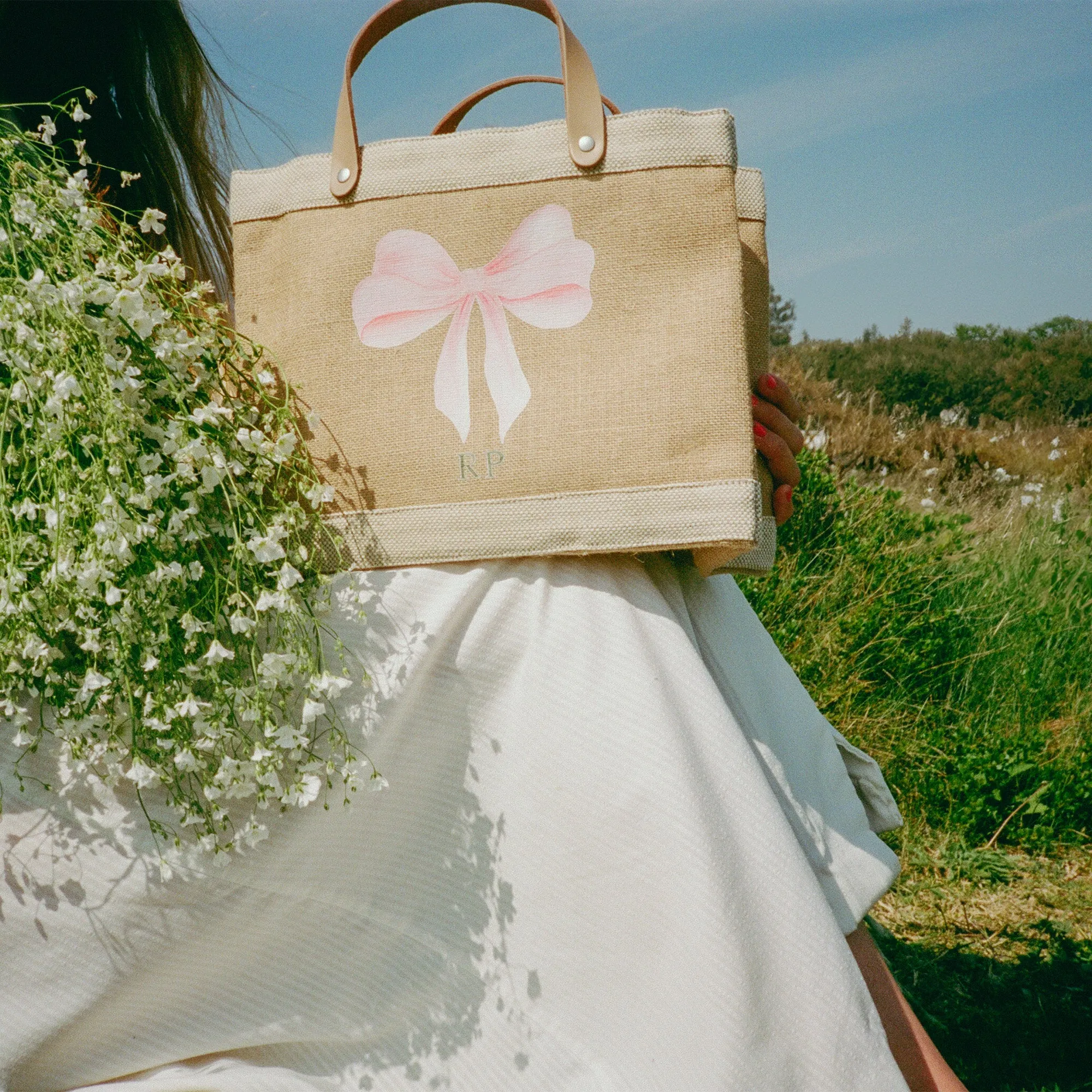 Petite Market Bag in Natural with Rose Bow by Amy Logsdon