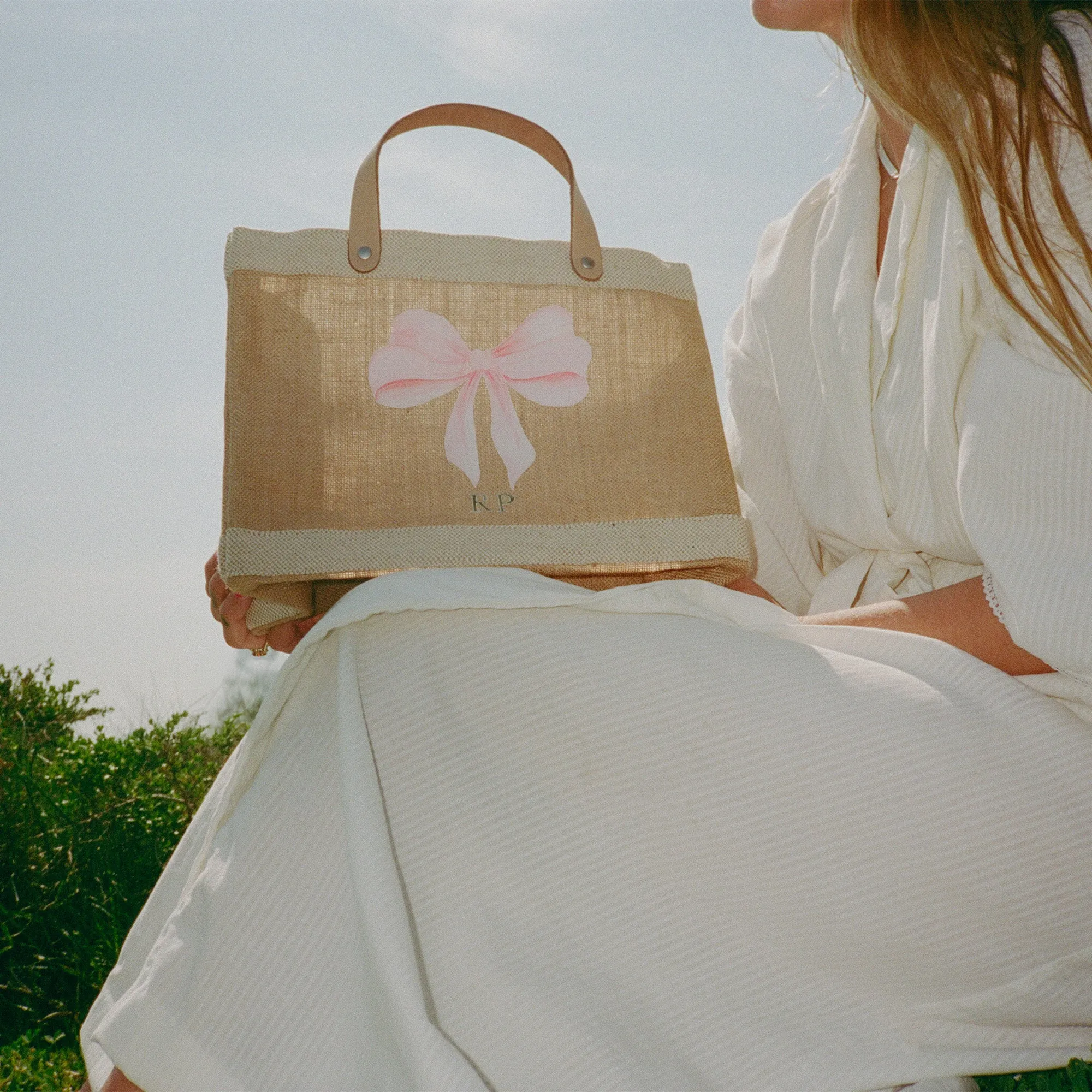 Petite Market Bag in Natural with Rose Bow by Amy Logsdon