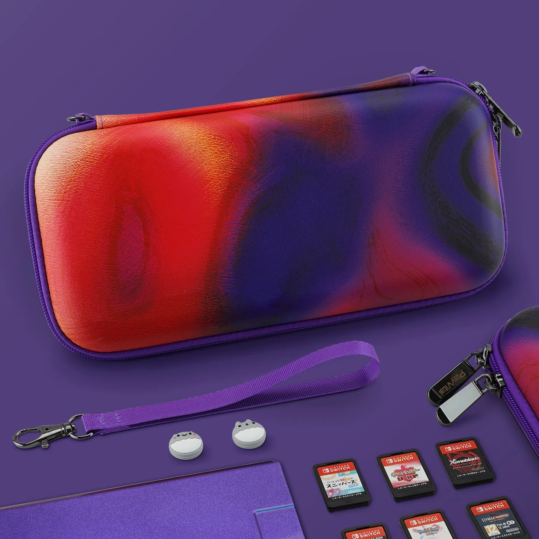 PlayVital Carrying Case for Nintendo Switch & Switch OLED, Portable Pouch Storage Handbag Travel Bag Protective Hard Case for Switch Console w/Thumb Grip Caps & 10 Game Card Slots - Purple Red Swirl - NTW004