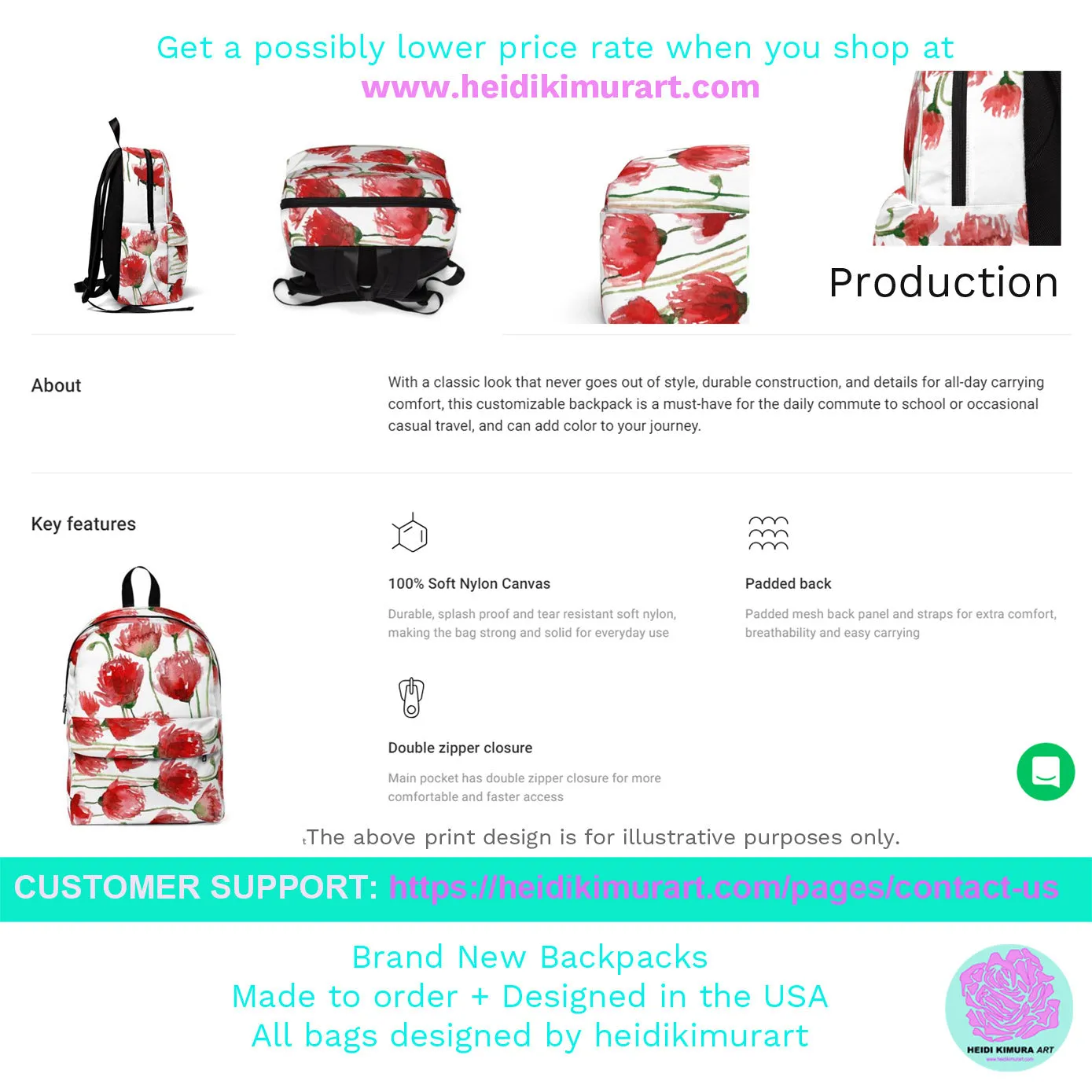 Red Poppy Backpack, Best Flower Floral Print Designer Unisex Fabric Backpack School Bag With Laptop Slot