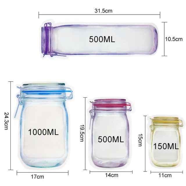 Reusable Mason Jar Bottles Bags Nuts Candy Cookies Bag Waterproof Seal Fresh Food Storage Bag Snacks Sandwich Zip Lock Bags