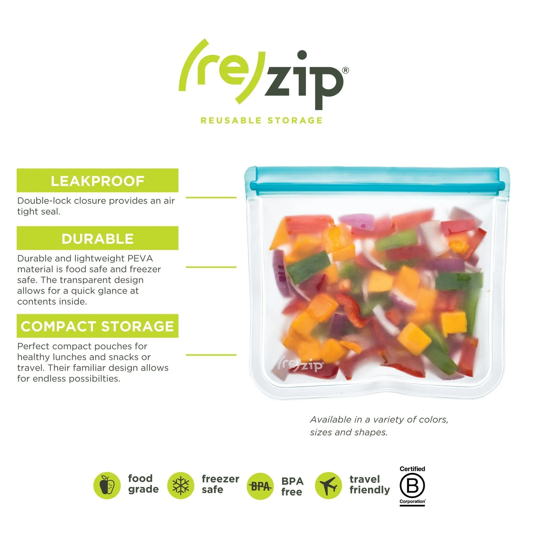 Rezip 5-piece Lay-Flat Starter Leakproof Reusable Storage Bag Kit - multicolor