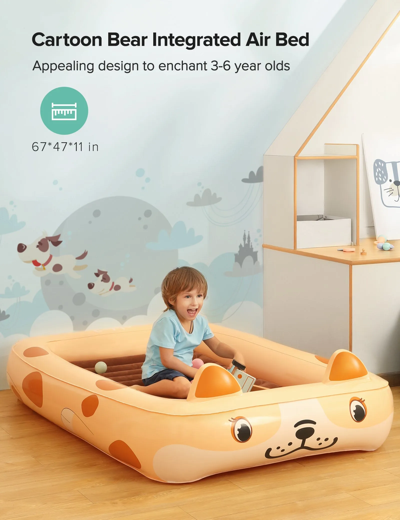 Sable Toddler Air Mattress, Cartoon Bear Integrated Air Bed Blow Up Kids Inflatable Bed