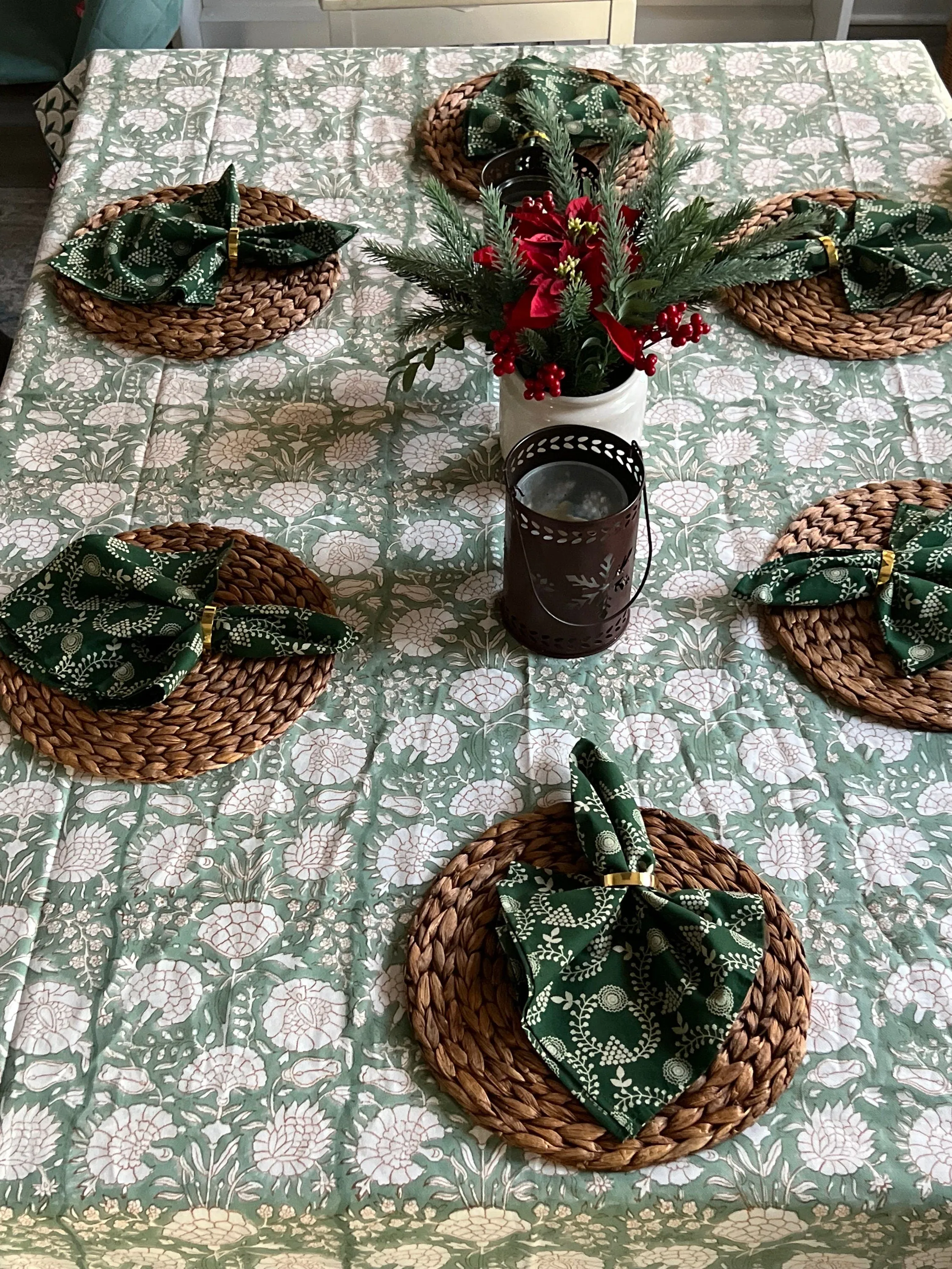 Sage green floral block print tablecloth for dining table, Cotton tablecloth Rectangle, Christmas decor, Unique gift, Farmhouse decor