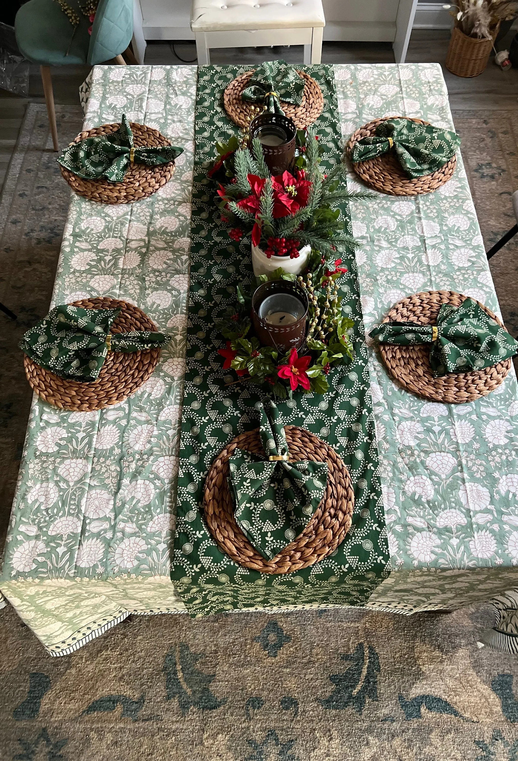 Sage green floral block print tablecloth for dining table, Cotton tablecloth Rectangle, Christmas decor, Unique gift, Farmhouse decor