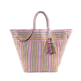 Samui Stripe Puka Tassel Beach Bag Sand/Pink