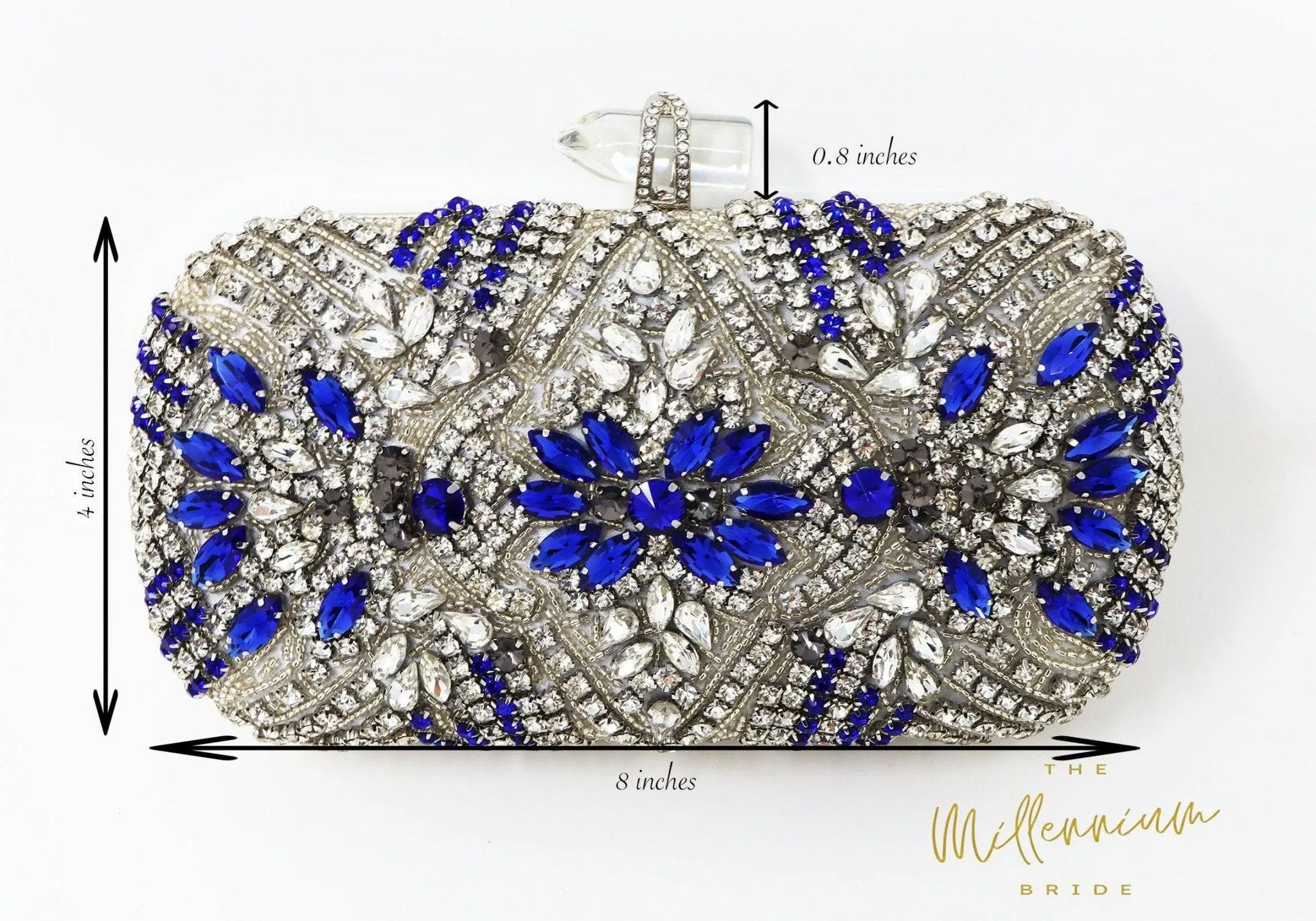 Silver Royal Blue Crystal Floral Leaves Embroidered Wedding Clutch, Statement Bag, Evening Clutch, Wedding Clutch, Cross Body Bag