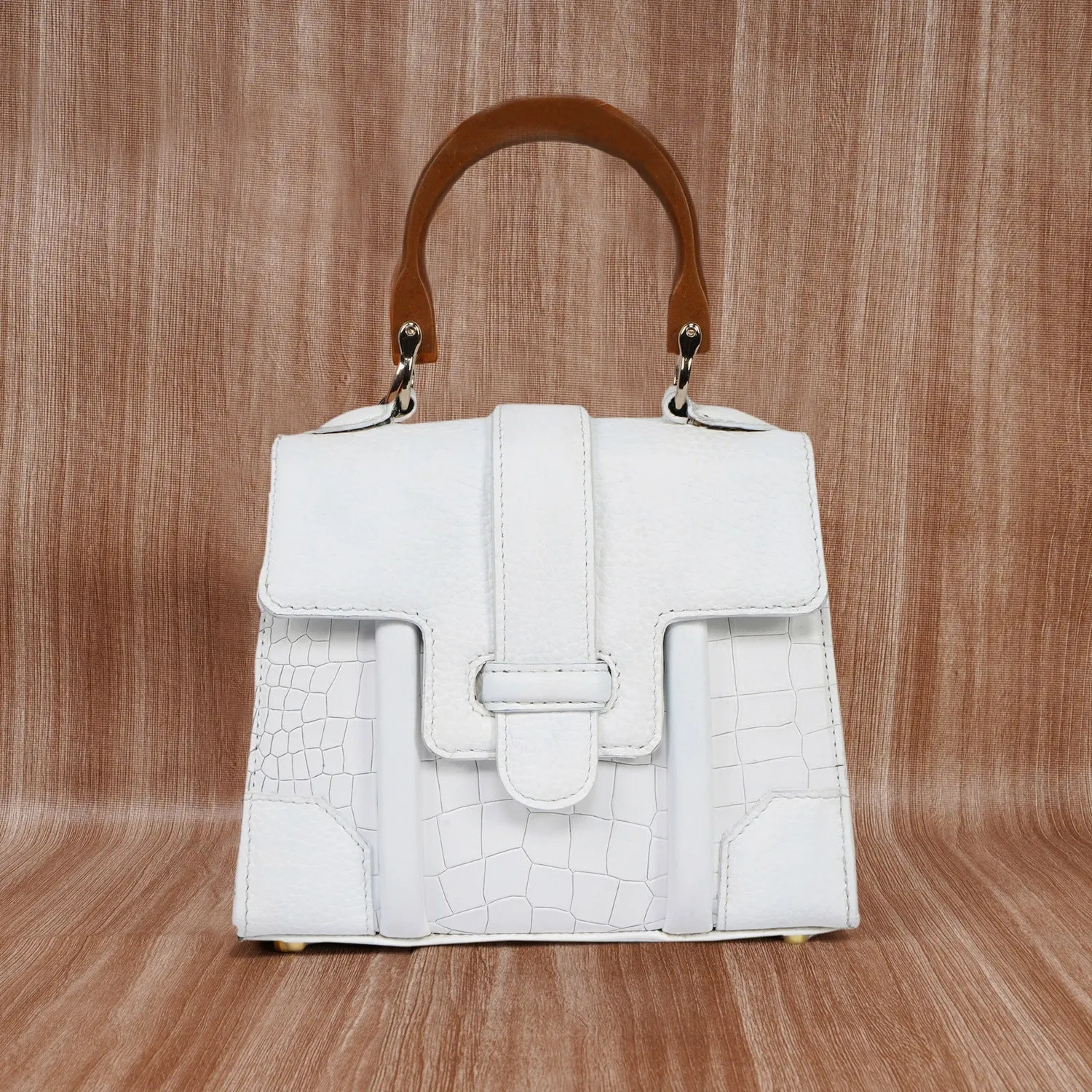 Small White Genuine Leather Handbag with Wooden Handle - Stylish Croc Texture Design