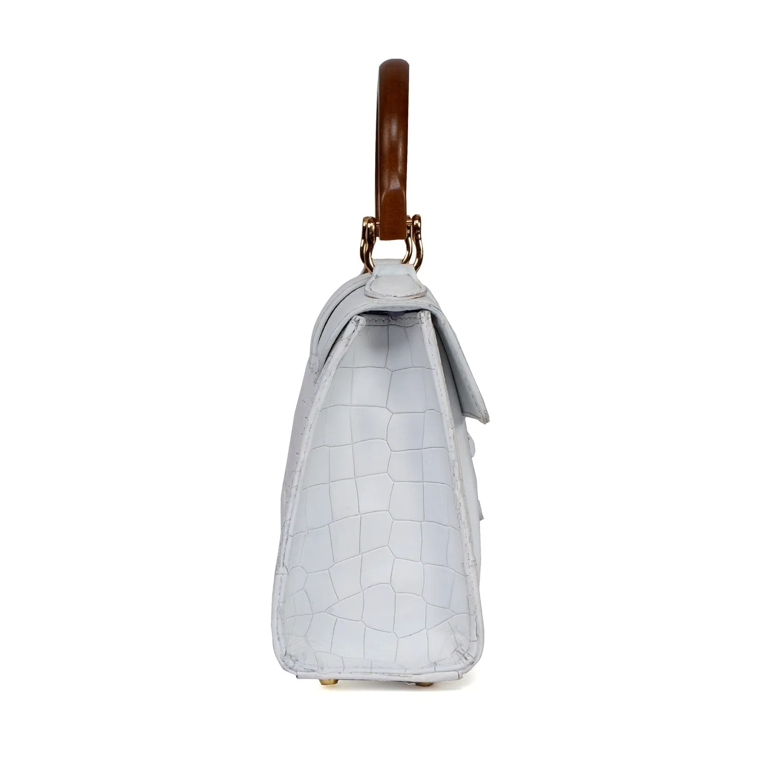 Small White Genuine Leather Handbag with Wooden Handle - Stylish Croc Texture Design