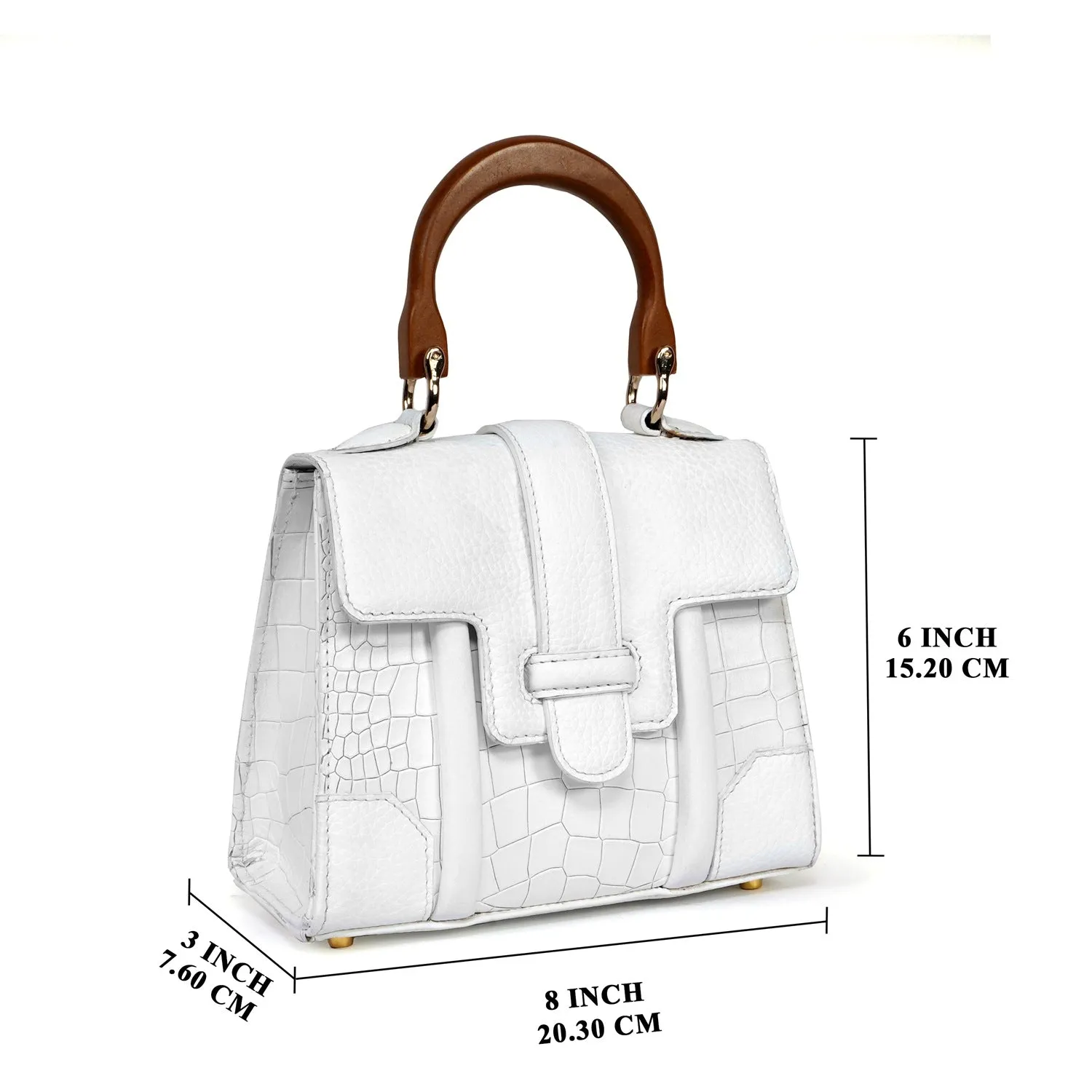 Small White Genuine Leather Handbag with Wooden Handle - Stylish Croc Texture Design