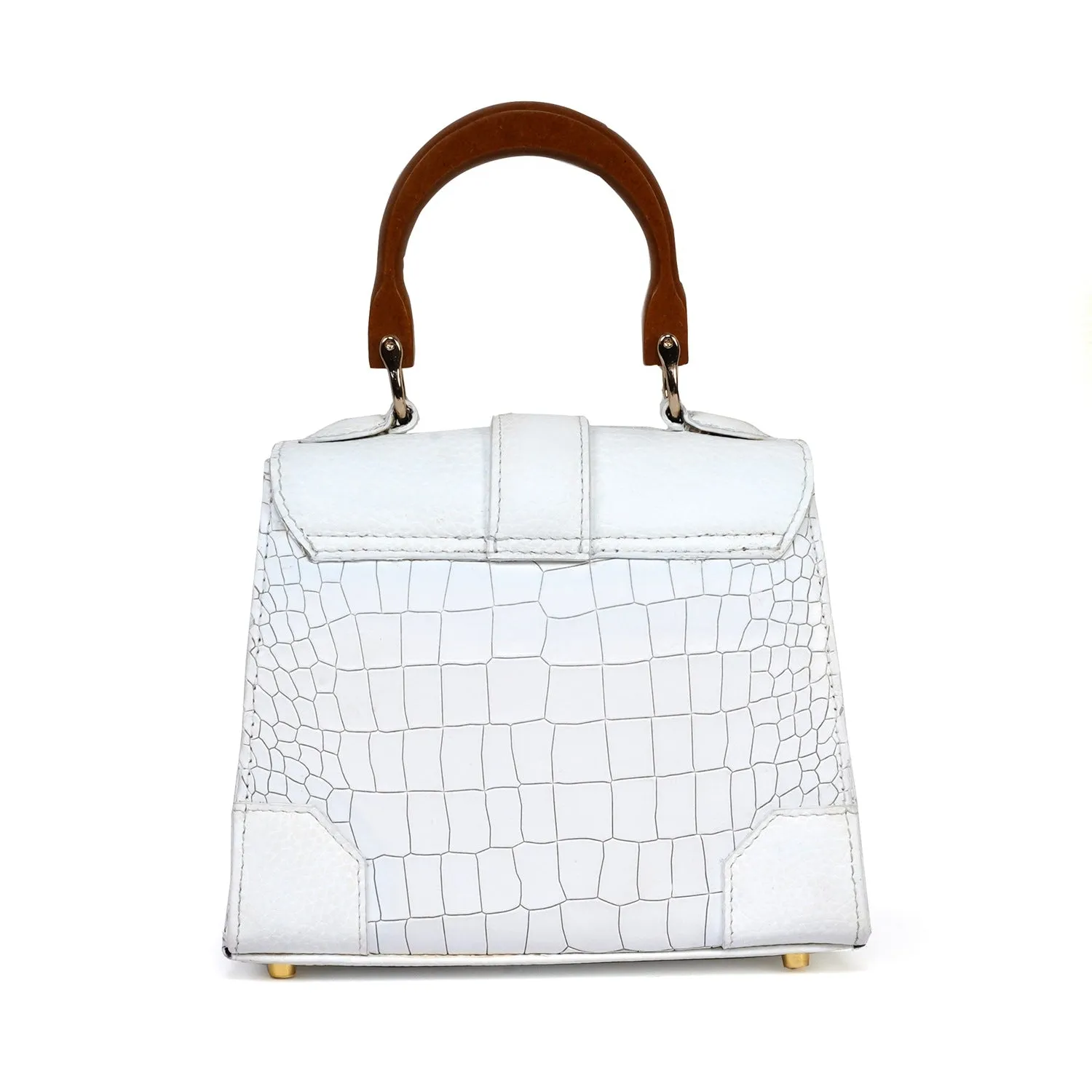 Small White Genuine Leather Handbag with Wooden Handle - Stylish Croc Texture Design