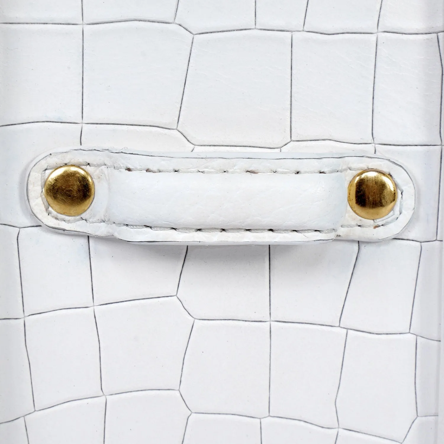 Small White Genuine Leather Handbag with Wooden Handle - Stylish Croc Texture Design