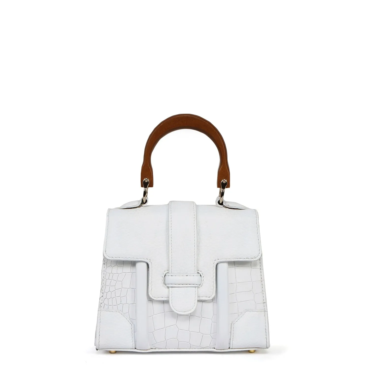 Small White Genuine Leather Handbag with Wooden Handle - Stylish Croc Texture Design