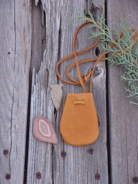 Soft leather medicine bag , Leather necklace bag , Leather crystal bag