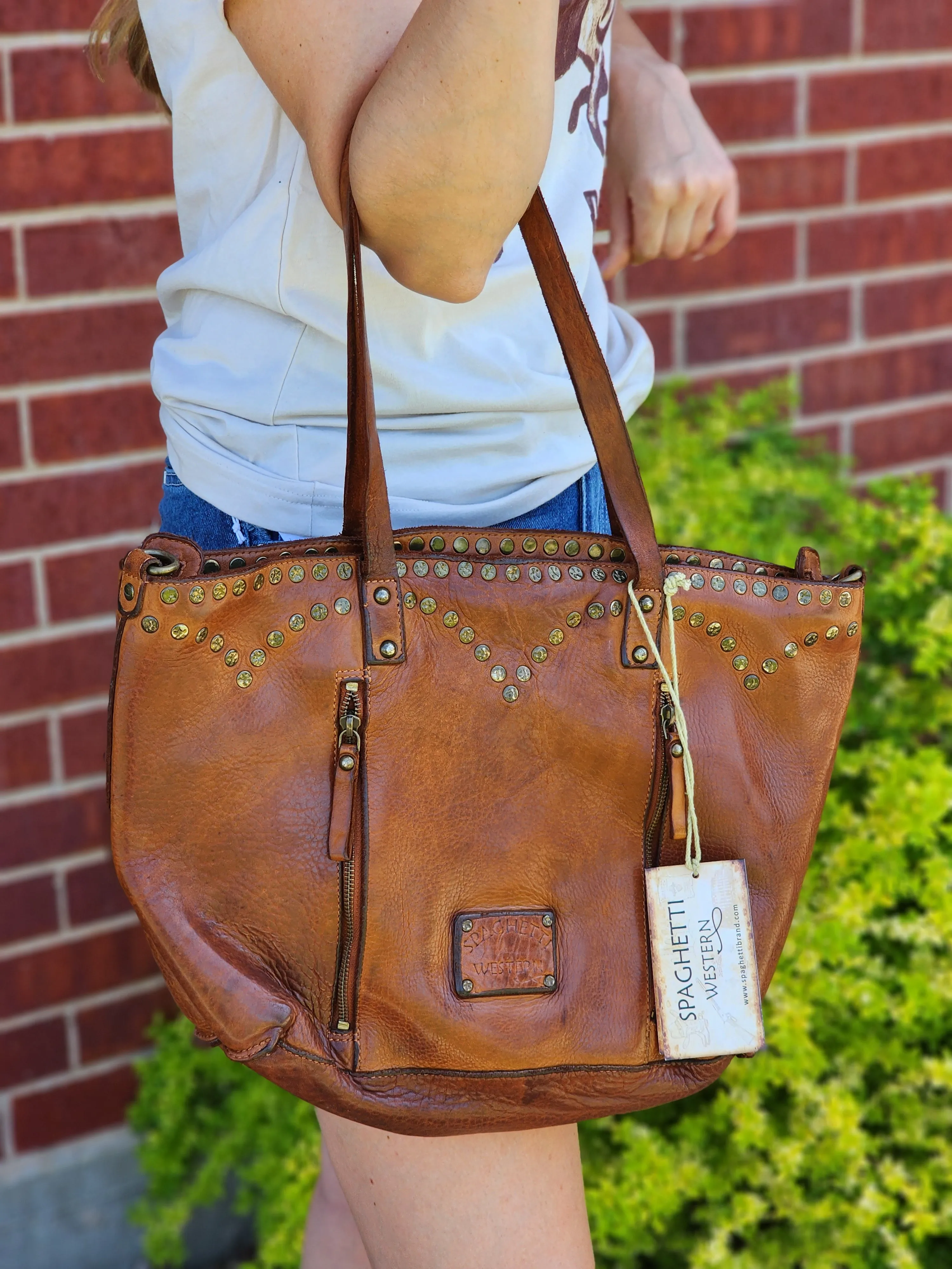 Spaghetti Western Tan Leather Studded Bag