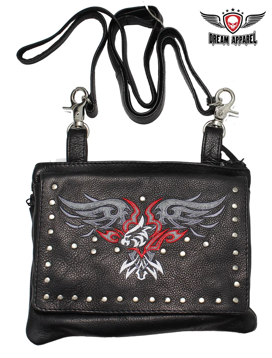 Studded Naked Cowhide Leather Gun Holster Belt Bag with Red & Silver Eagle