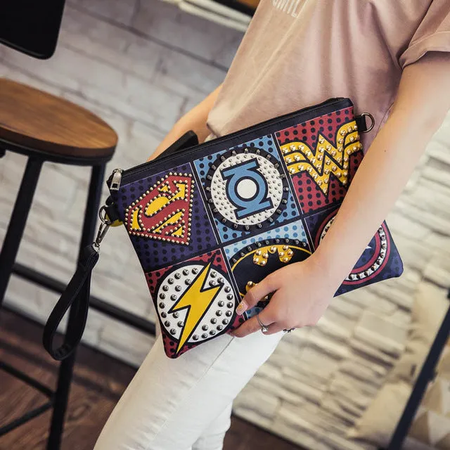 Superhero studded logo clutch wristlet