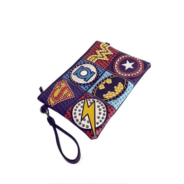 Superhero studded logo clutch wristlet