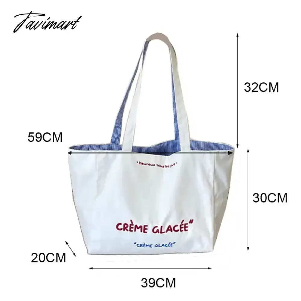 Tavimart Stripe Double Sided Use Shoulder Bag Cotton Canvas Shopping Bags New Simple Letter Student Women Girls Tote Handbag