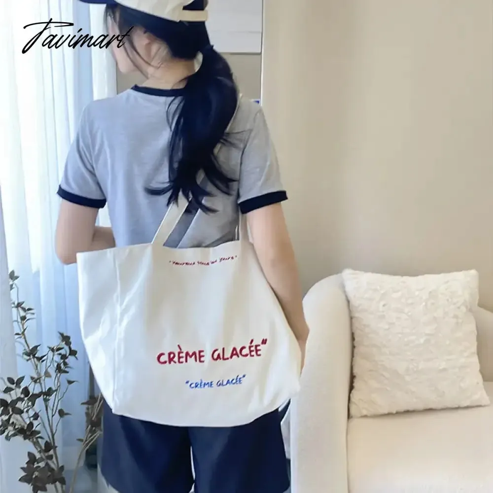 Tavimart Stripe Double Sided Use Shoulder Bag Cotton Canvas Shopping Bags New Simple Letter Student Women Girls Tote Handbag