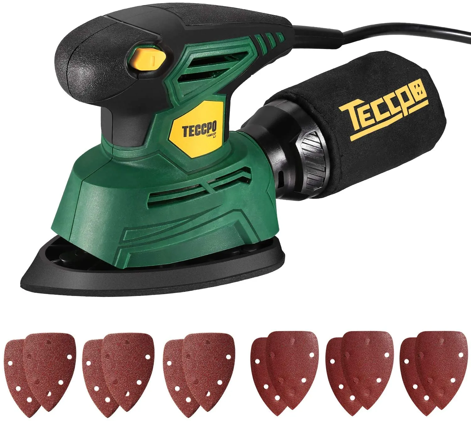 TECCPO Detail Sander 1/4” 1.1 Amp/14,000 OPM Detail Sander with 12 Pcs Sandpapers, Recyclable Dust Bag - TAMS22P