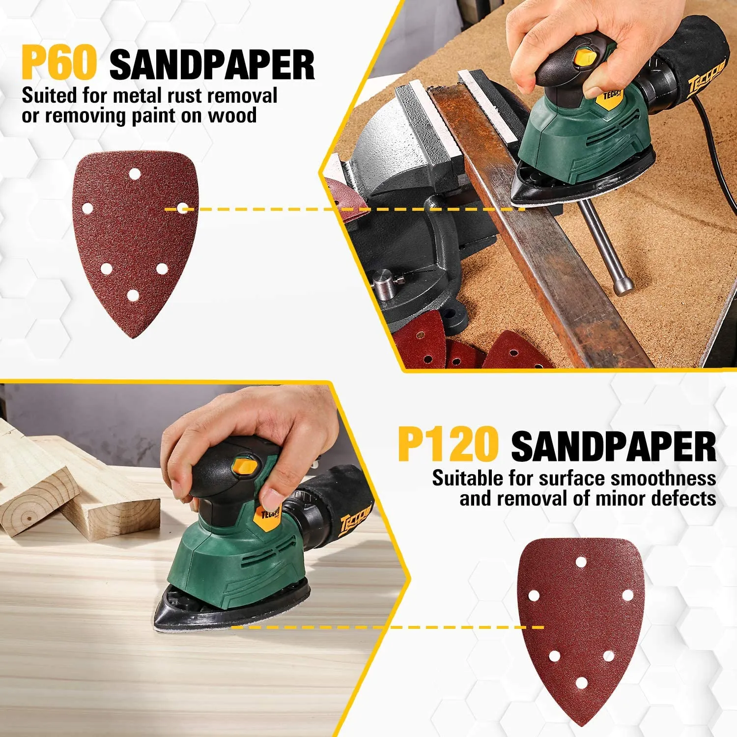 TECCPO Detail Sander 1/4” 1.1 Amp/14,000 OPM Detail Sander with 12 Pcs Sandpapers, Recyclable Dust Bag - TAMS22P