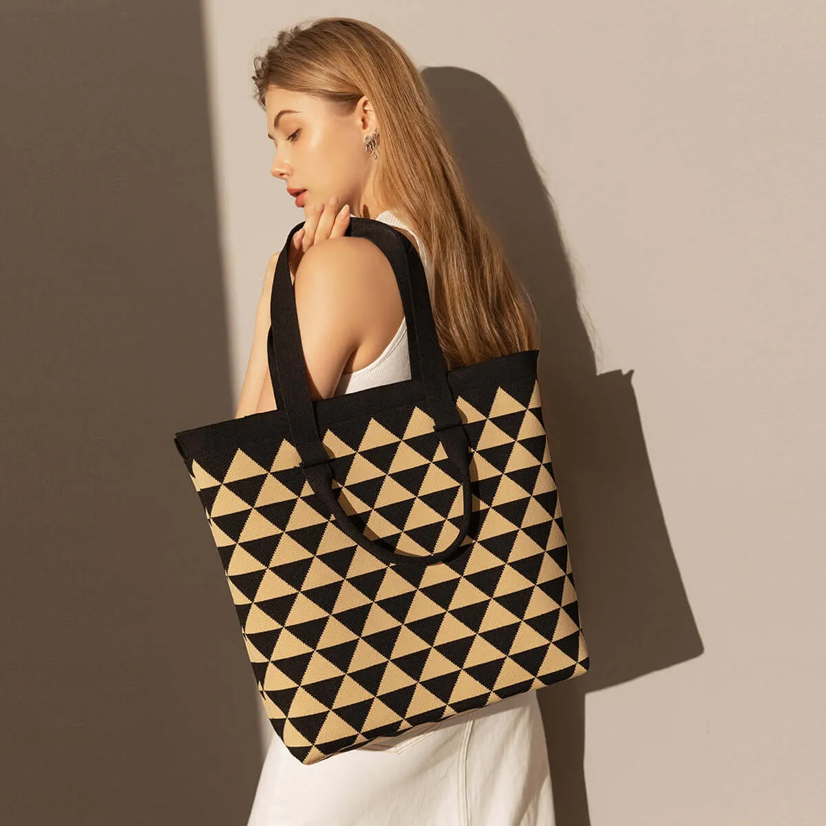 Triangle Checkered Khaki Canvas Tote Bag