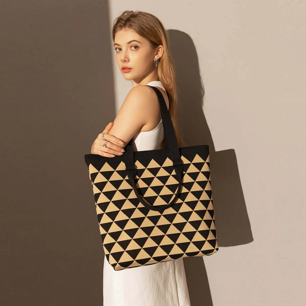 Triangle Checkered Khaki Canvas Tote Bag