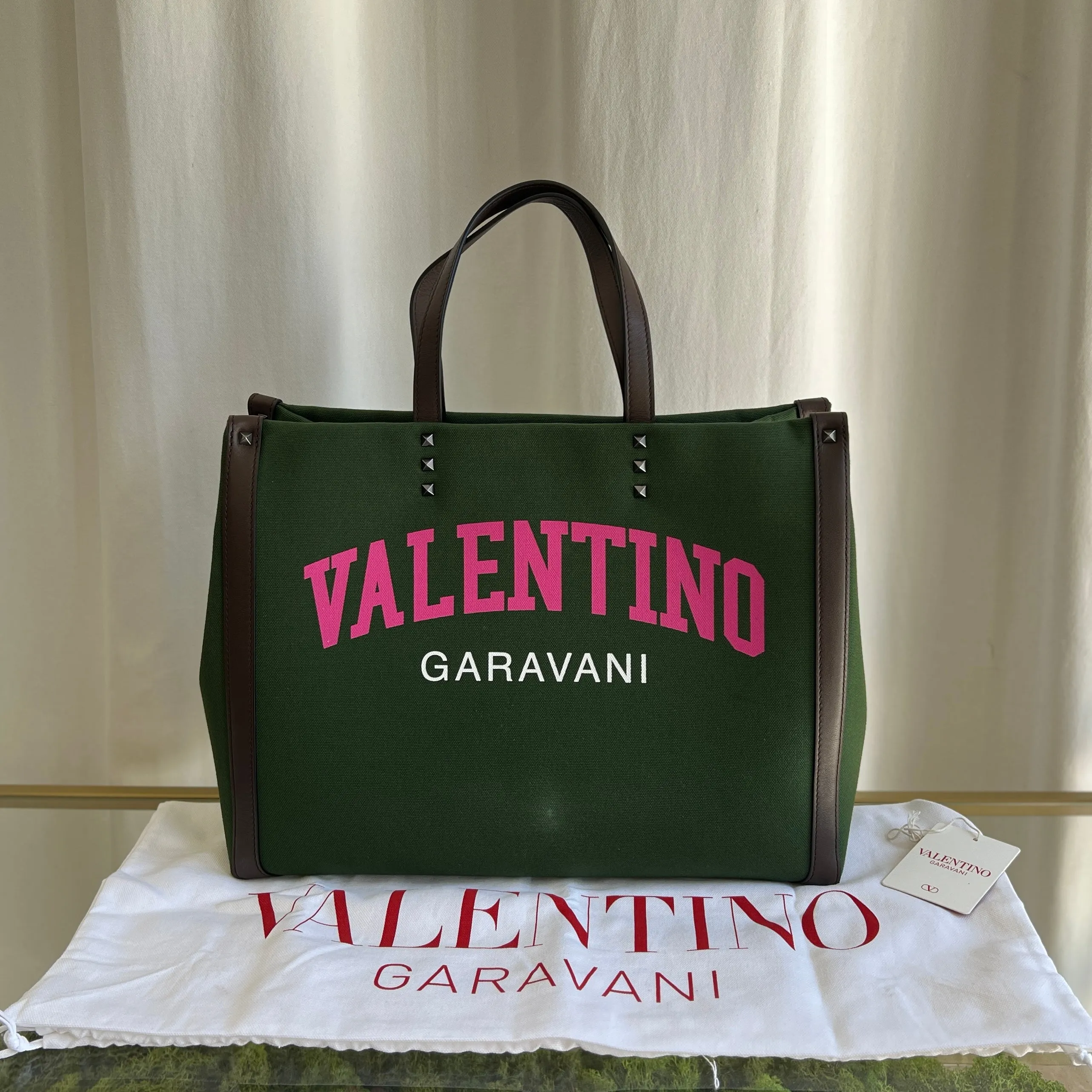 VALENTINO Green Canvas Garavani Stud Tote