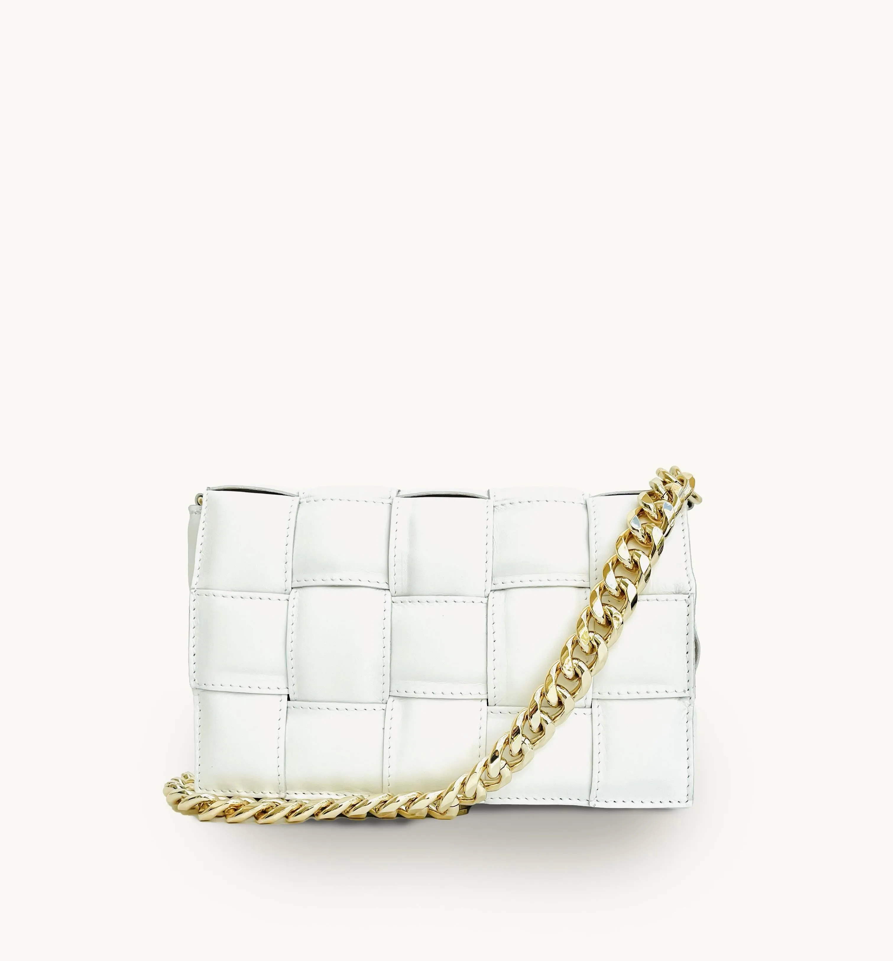 White Padded Woven Leather Crossbody Bag With Gold Chain Strap