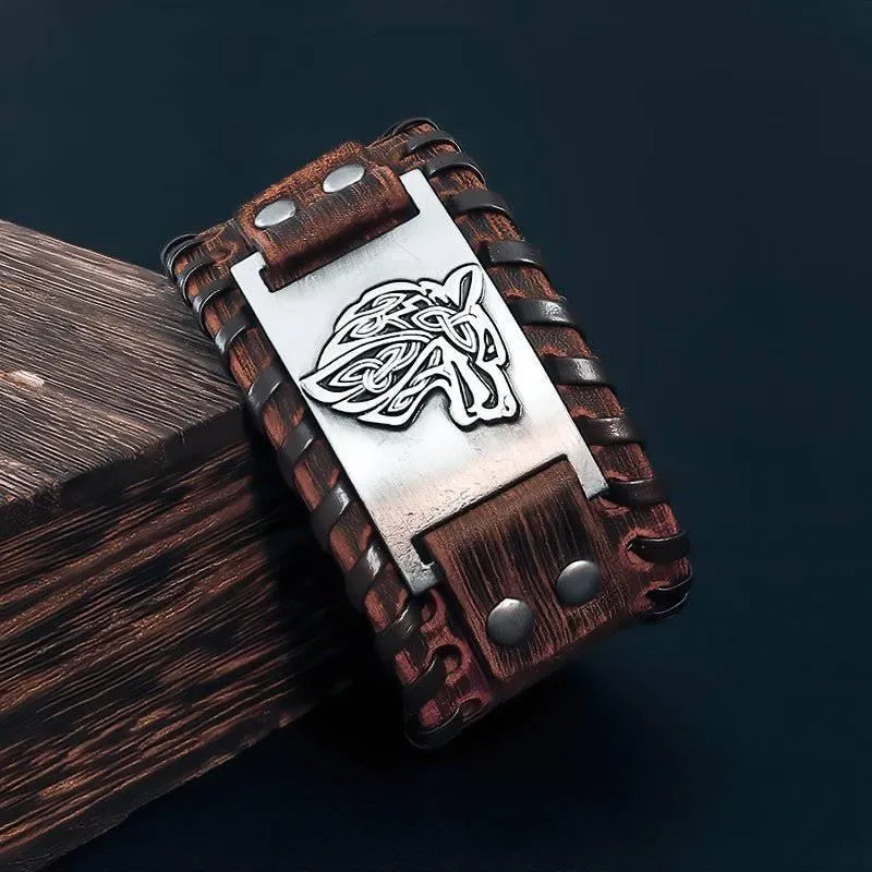 Wolf of Odin Leather Wrap Bracelet