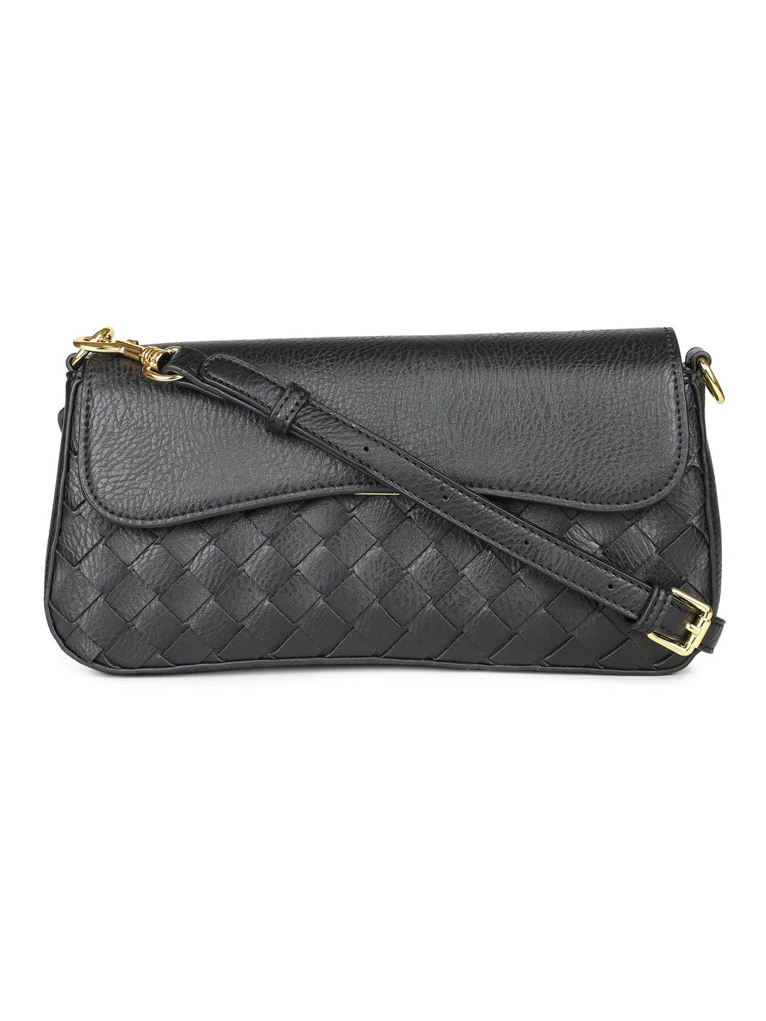 Women Black Woven Textured Sling Bag