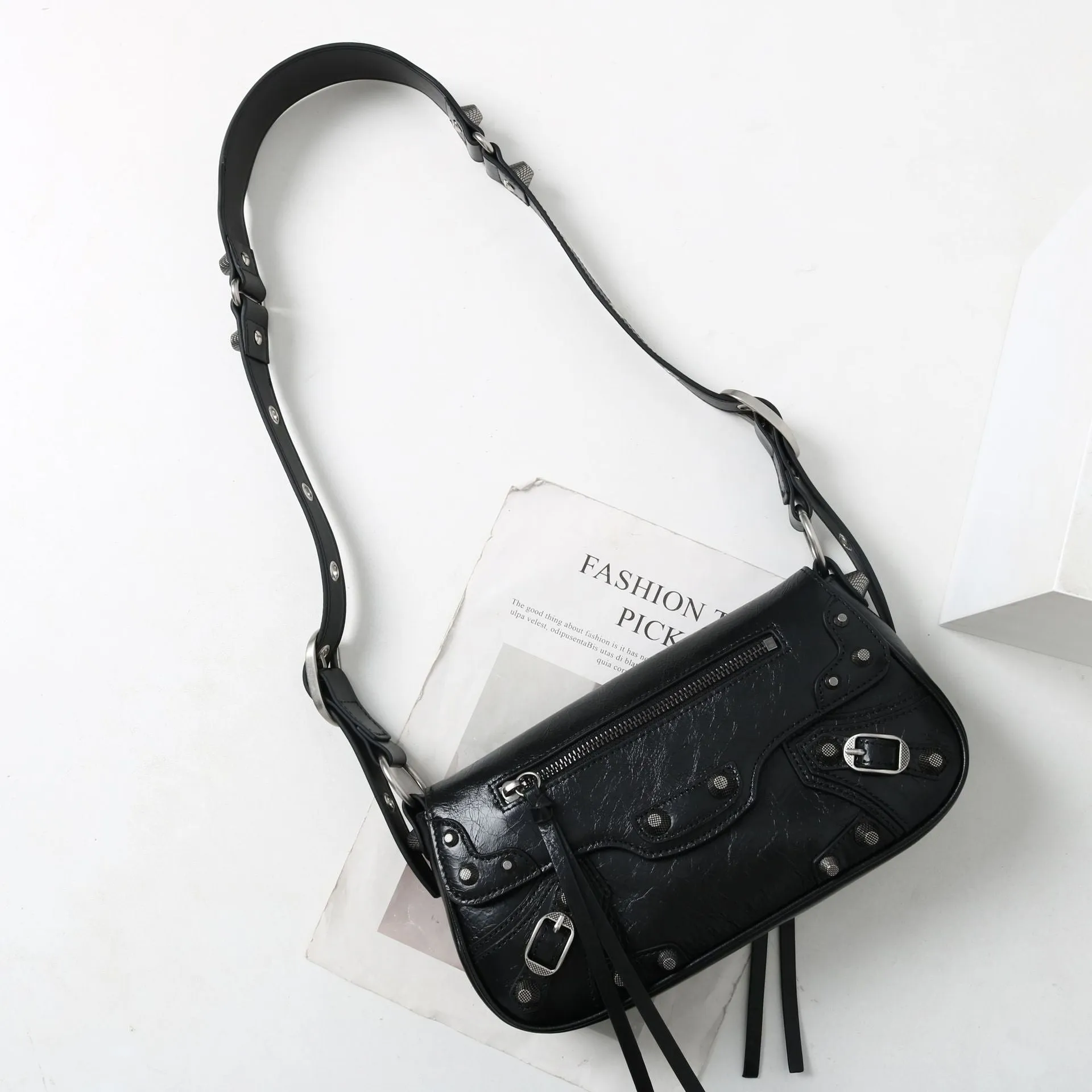 Womens Calfskin Leather Studded Underarm Shoulder Bag